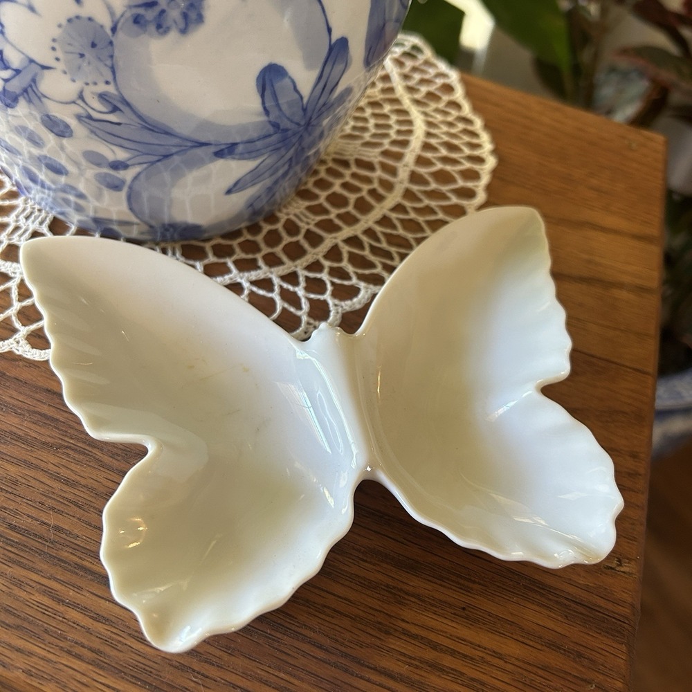 Vintage 1960s Butterfly Trinket Dish Candy Tray White Japan Porcelain Decor